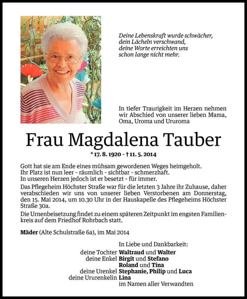  Todesanzeige für Magdalena Tauber vom 12.05.2014 aus Vorarlberger Nachrichten