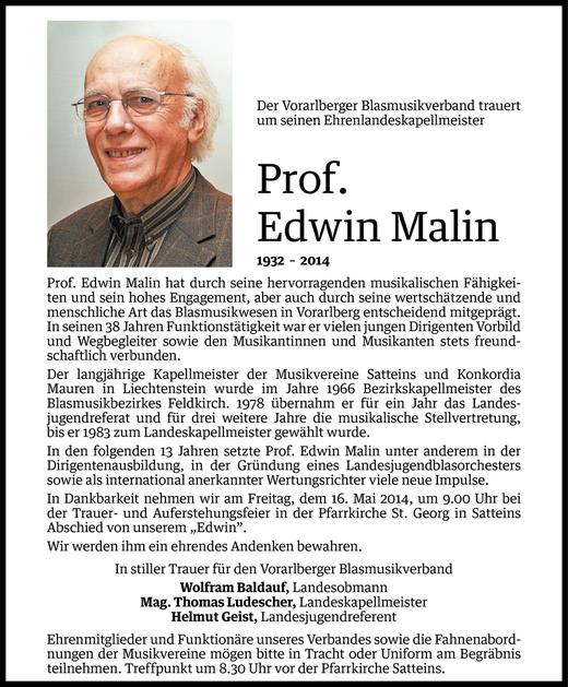 Todesanzeige von Edwin Malin von Vorarlberger Nachrichten
