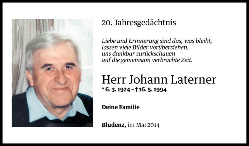  Todesanzeige für Johann Laterner vom 15.05.2014 aus Vorarlberger Nachrichten