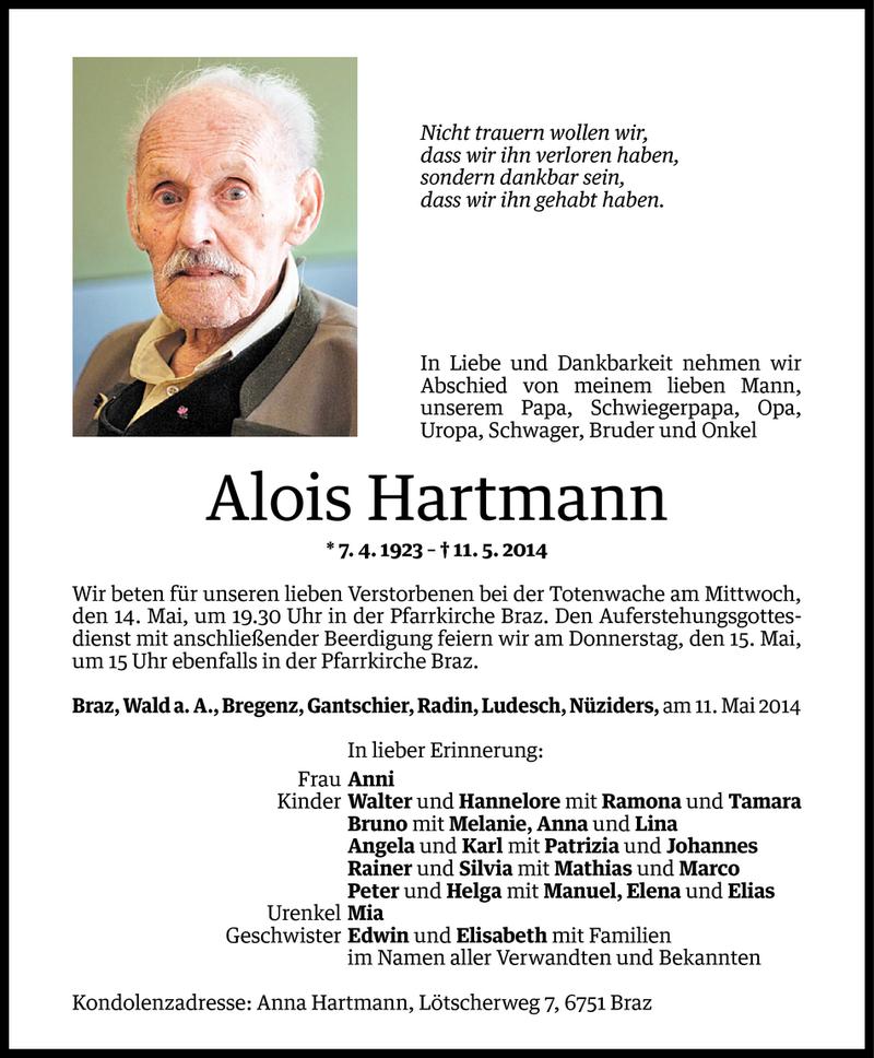  Todesanzeige für Alois Hartmann vom 13.05.2014 aus Vorarlberger Nachrichten