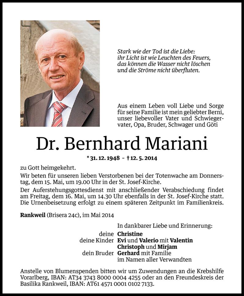  Todesanzeige für Bernhard Mariani vom 14.05.2014 aus Vorarlberger Nachrichten