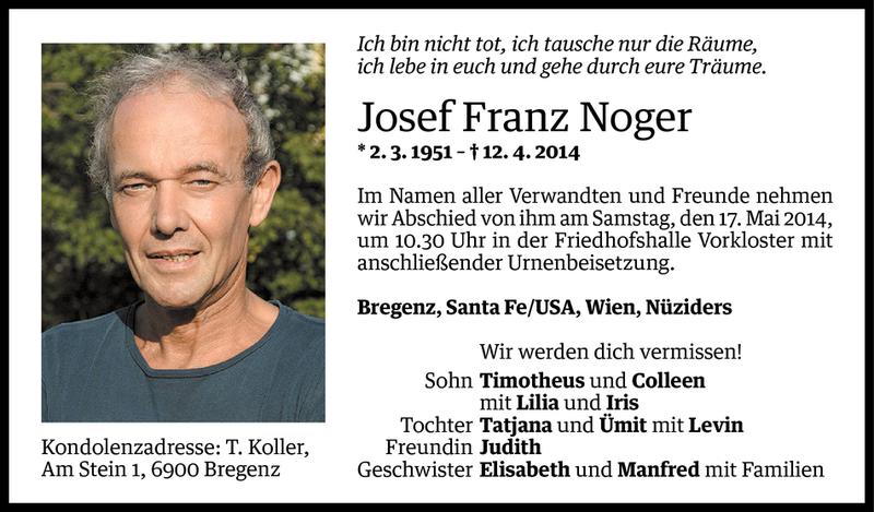  Todesanzeige für Josef Franz Noger vom 14.05.2014 aus Vorarlberger Nachrichten