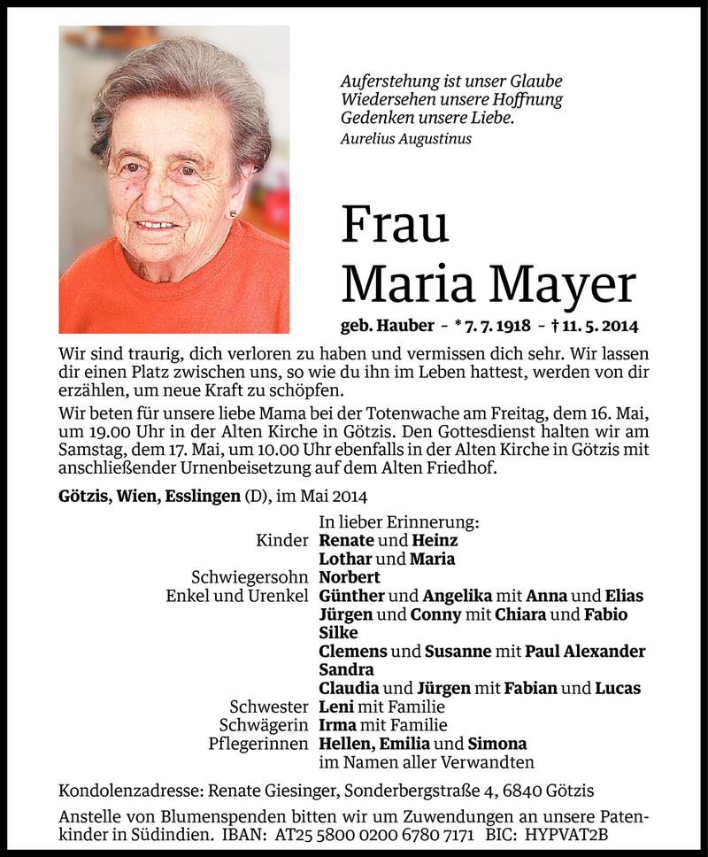  Todesanzeige für Maria Mayer vom 14.05.2014 aus Vorarlberger Nachrichten