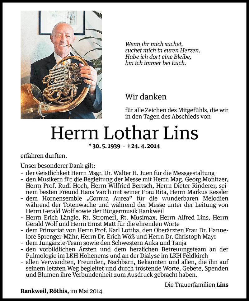  Todesanzeige für Lothar Lins vom 16.05.2014 aus Vorarlberger Nachrichten