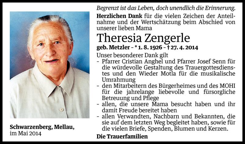  Todesanzeige für Theresia Zengerle vom 14.05.2014 aus Vorarlberger Nachrichten