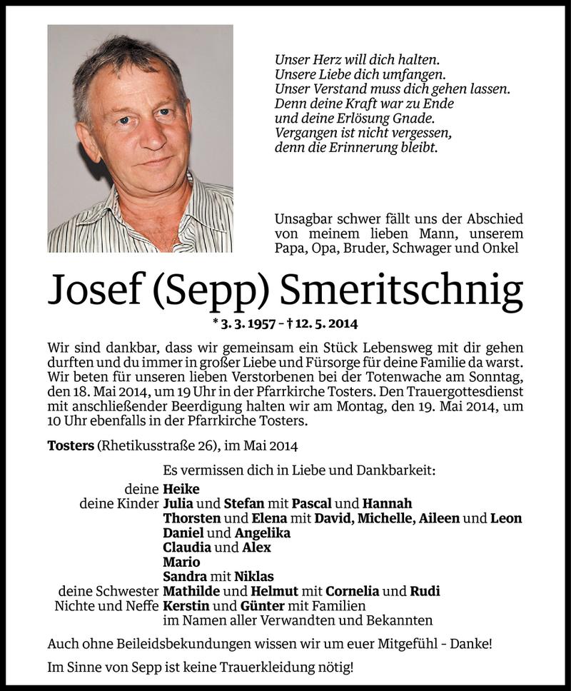  Todesanzeige für Josef Smeritschnig vom 16.05.2014 aus Vorarlberger Nachrichten