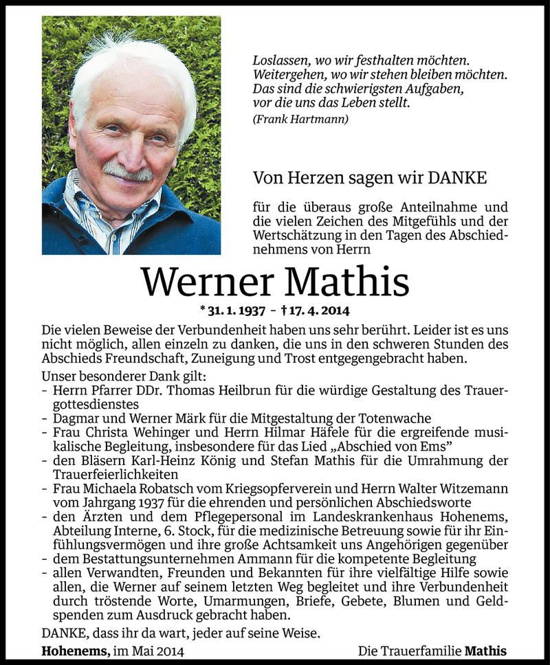  Todesanzeige für Werner Mathis vom 16.05.2014 aus Vorarlberger Nachrichten