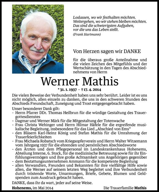 Todesanzeige von Werner Mathis von Vorarlberger Nachrichten