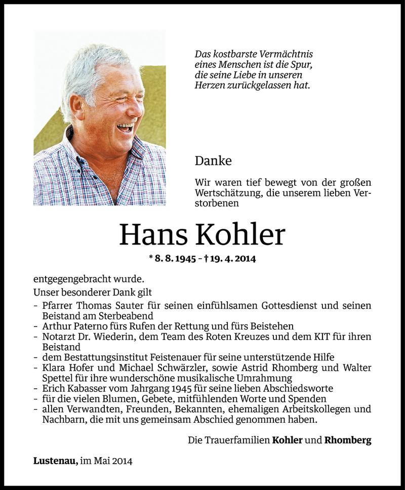  Todesanzeige für Hans Kohler vom 15.05.2014 aus Vorarlberger Nachrichten