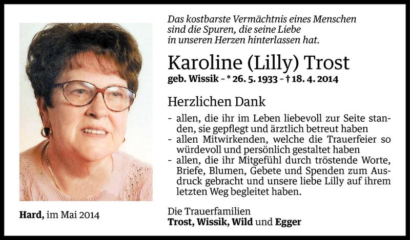  Todesanzeige für Karoline Trost vom 16.05.2014 aus Vorarlberger Nachrichten