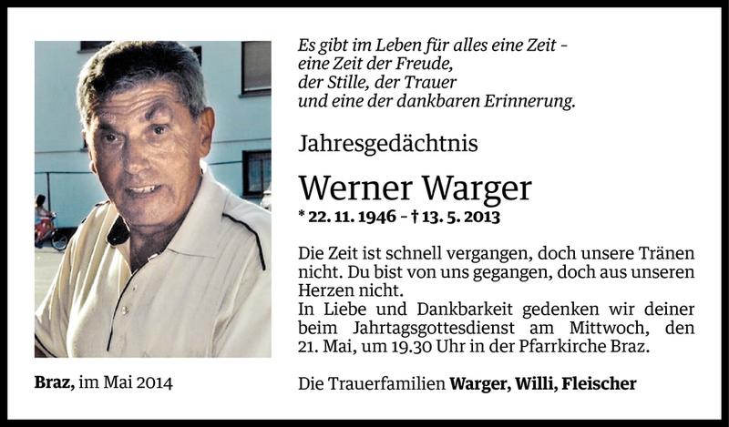  Todesanzeige für Werner Warger vom 16.05.2014 aus Vorarlberger Nachrichten