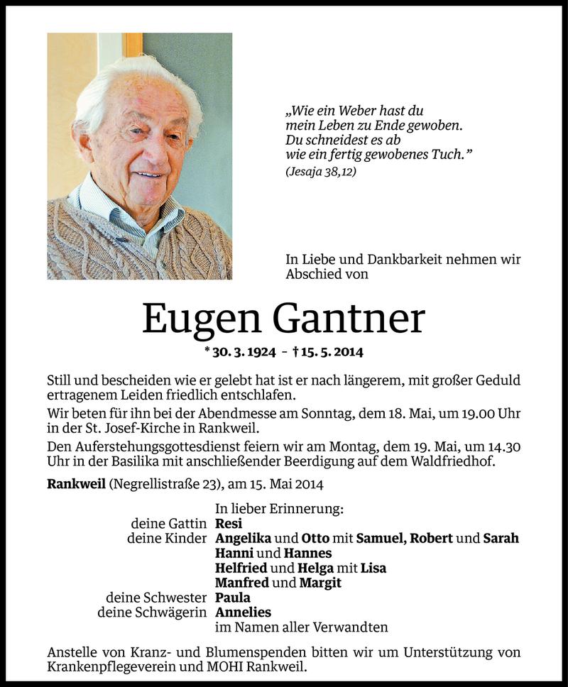  Todesanzeige für Eugen Gantner vom 17.05.2014 aus Vorarlberger Nachrichten