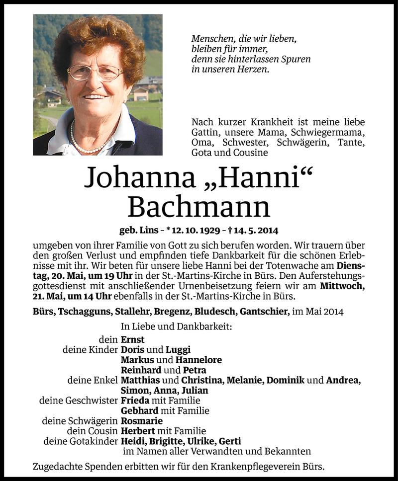  Todesanzeige für Johanna Bachmann vom 17.05.2014 aus Vorarlberger Nachrichten