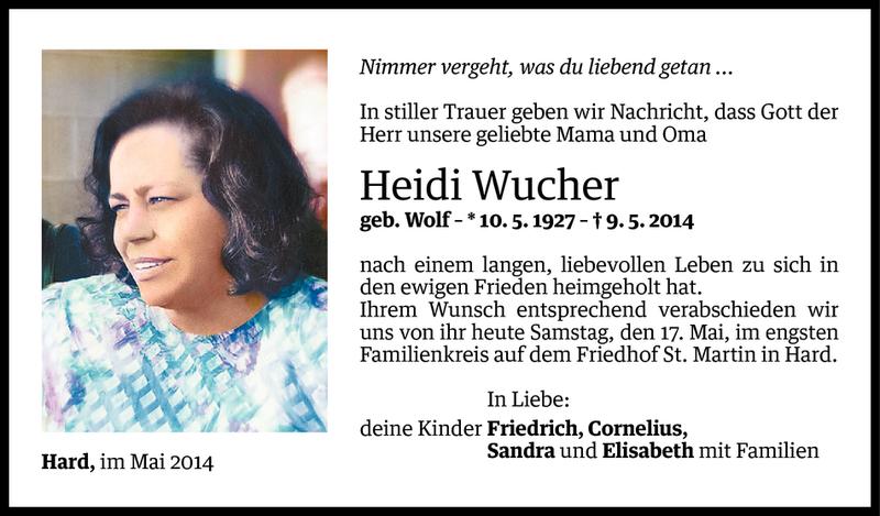  Todesanzeige für Heidi Wucher vom 16.05.2014 aus Vorarlberger Nachrichten