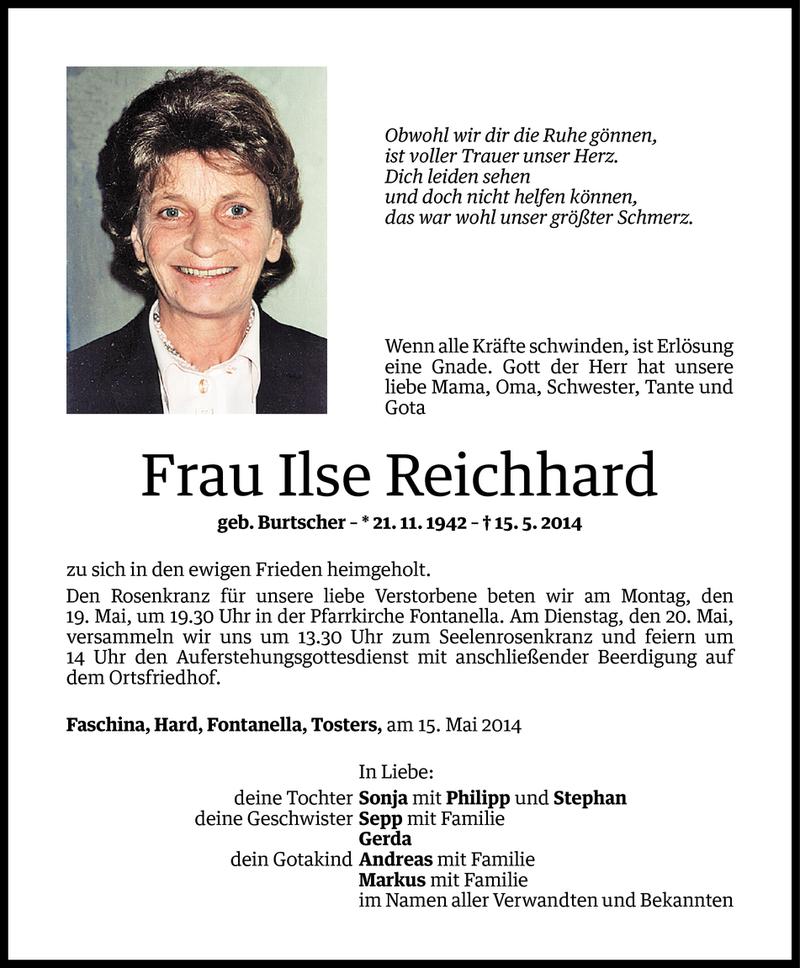  Todesanzeige für Ilse Reichard vom 16.05.2014 aus Vorarlberger Nachrichten