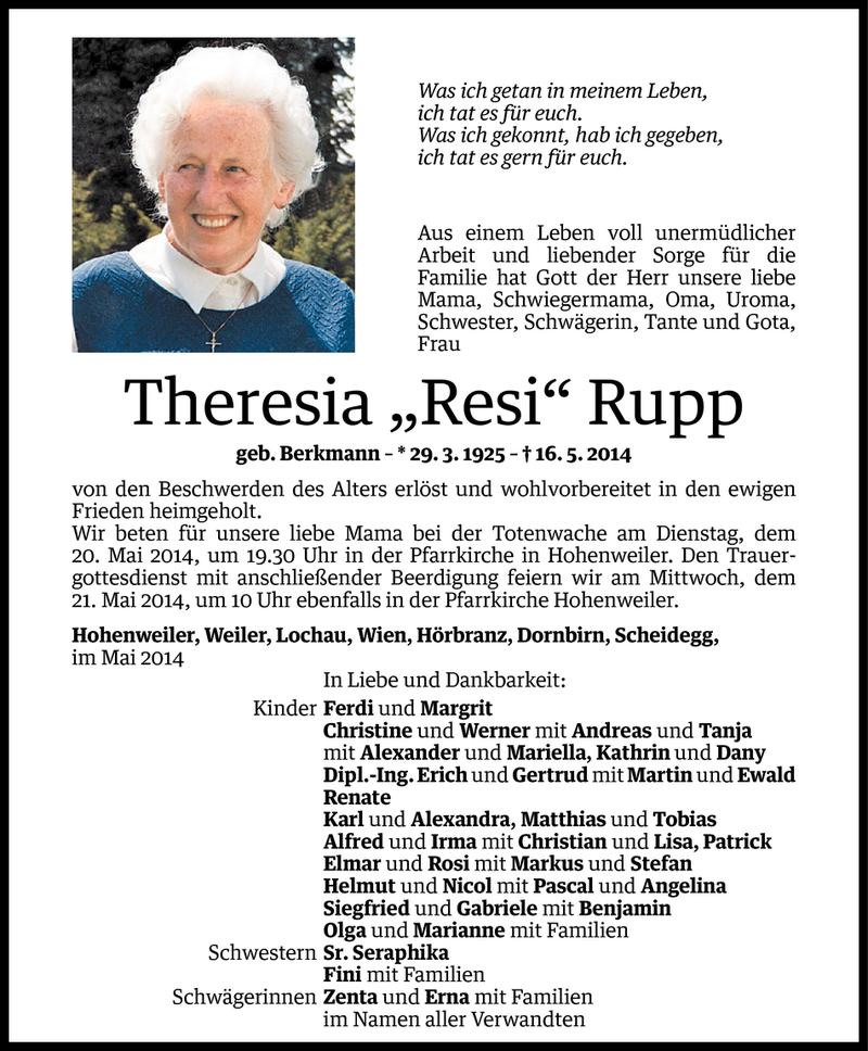  Todesanzeige für Theresia Rupp vom 16.05.2014 aus Vorarlberger Nachrichten