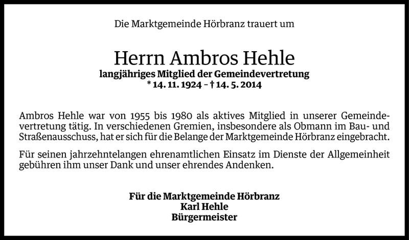  Todesanzeige für Ambros Hehle vom 16.05.2014 aus Vorarlberger Nachrichten