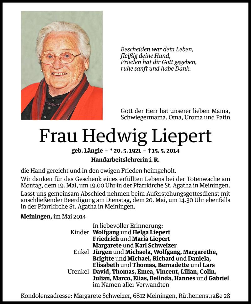  Todesanzeige für Hedwig Liepert vom 17.05.2014 aus Vorarlberger Nachrichten