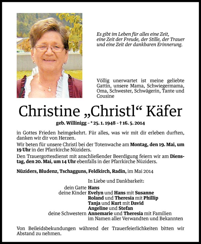  Todesanzeige für Christine Käfer vom 17.05.2014 aus Vorarlberger Nachrichten
