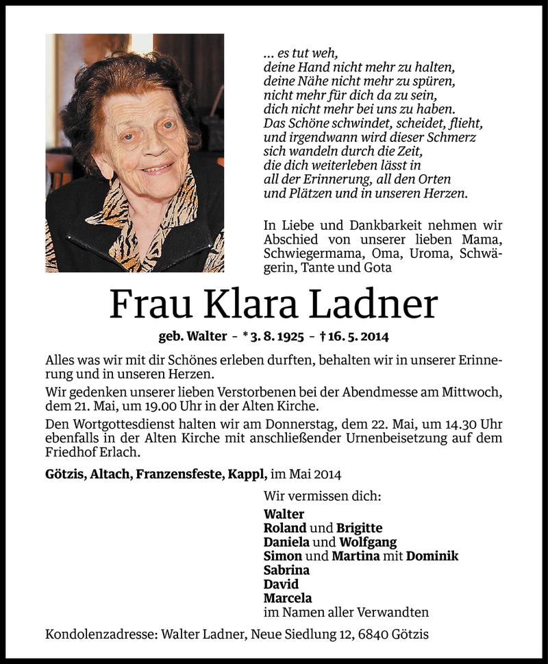  Todesanzeige für Klara Ladner vom 19.05.2014 aus Vorarlberger Nachrichten