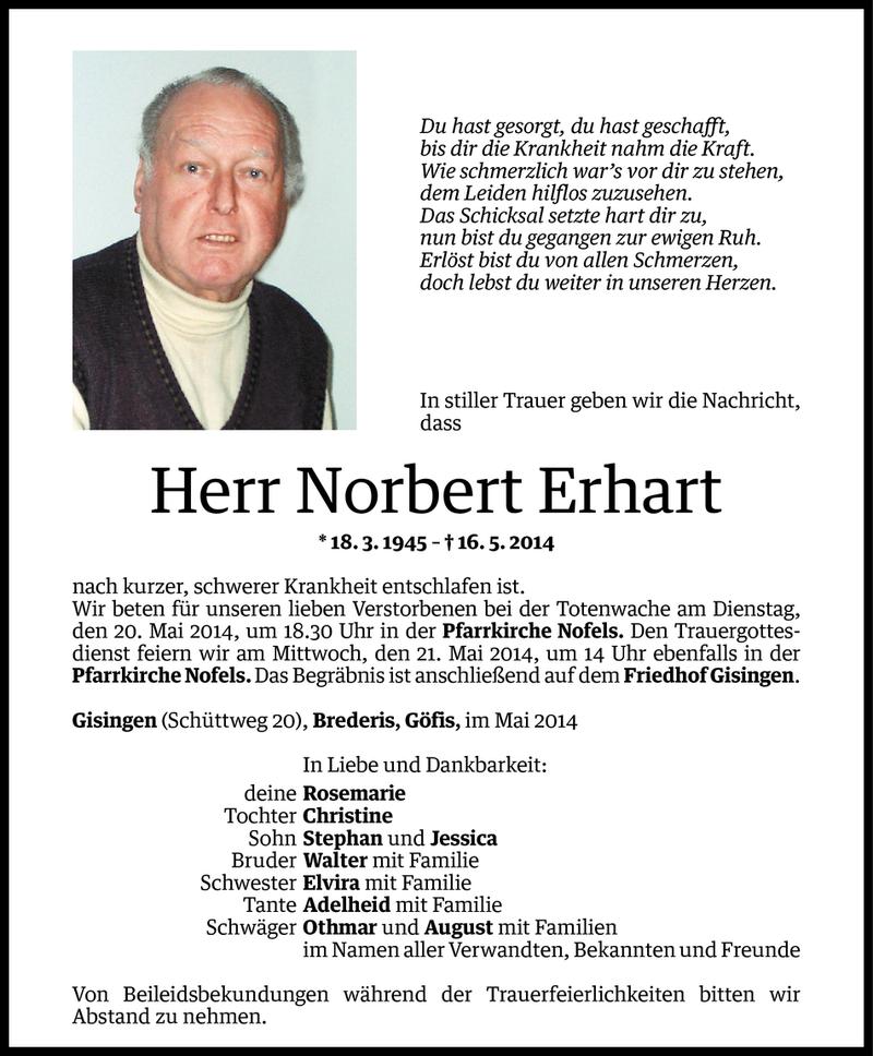  Todesanzeige für Norbert Erhart vom 18.05.2014 aus Vorarlberger Nachrichten