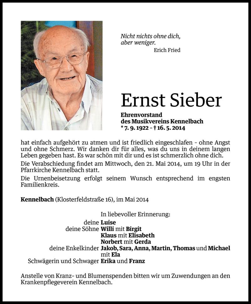  Todesanzeige für Ernst Sieber vom 18.05.2014 aus Vorarlberger Nachrichten