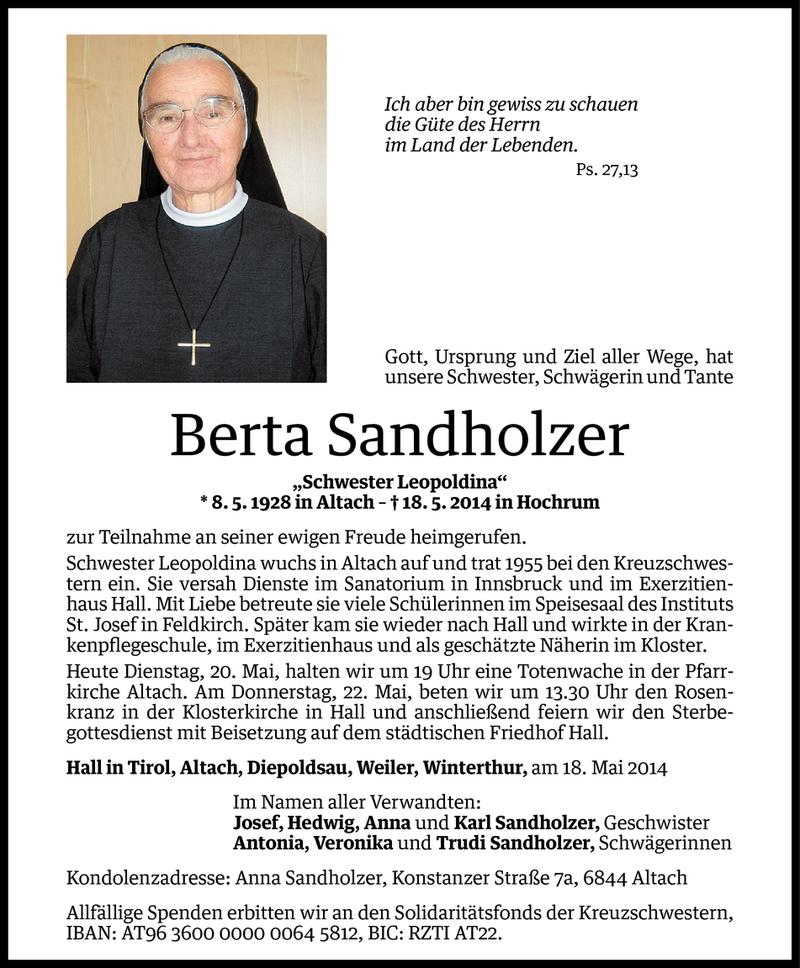  Todesanzeige für Berta Sandholzer vom 19.05.2014 aus Vorarlberger Nachrichten