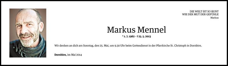  Todesanzeige für Markus Mennel vom 22.05.2014 aus Vorarlberger Nachrichten