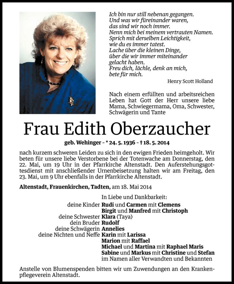  Todesanzeige für Edith Oberzaucher vom 19.05.2014 aus Vorarlberger Nachrichten