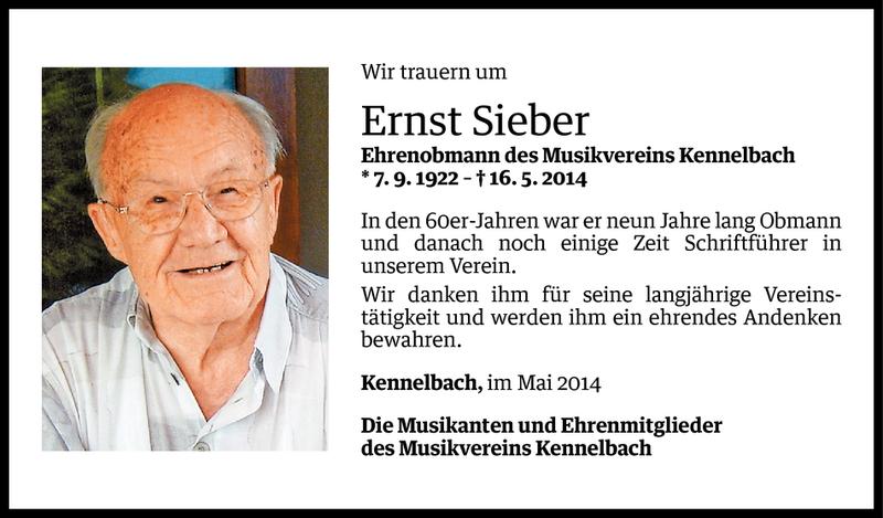  Todesanzeige für Ernst Sieber vom 19.05.2014 aus Vorarlberger Nachrichten