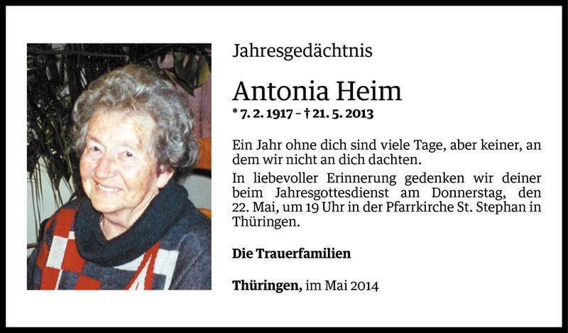  Todesanzeige für Antonia Heim vom 20.05.2014 aus Vorarlberger Nachrichten