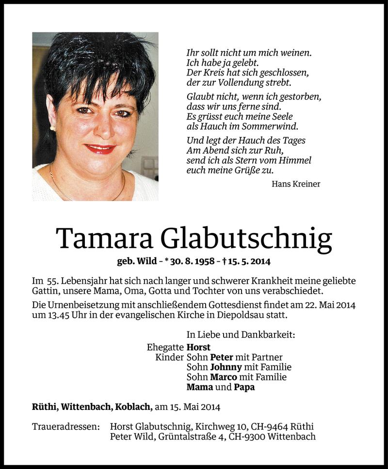  Todesanzeige für Tamara Glabutschnig vom 20.05.2014 aus Vorarlberger Nachrichten