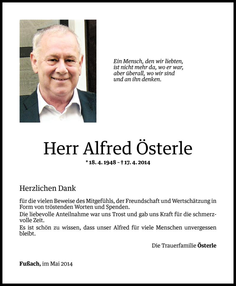  Todesanzeige für Alfred Österle vom 20.05.2014 aus Vorarlberger Nachrichten
