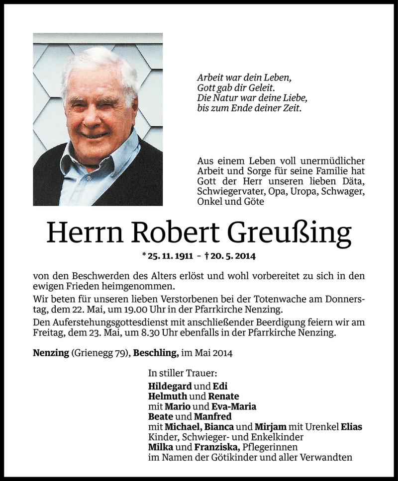  Todesanzeige für Robert Greußing vom 21.05.2014 aus Vorarlberger Nachrichten