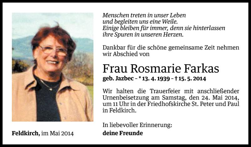  Todesanzeige für Rosmarie Farkas vom 21.05.2014 aus Vorarlberger Nachrichten