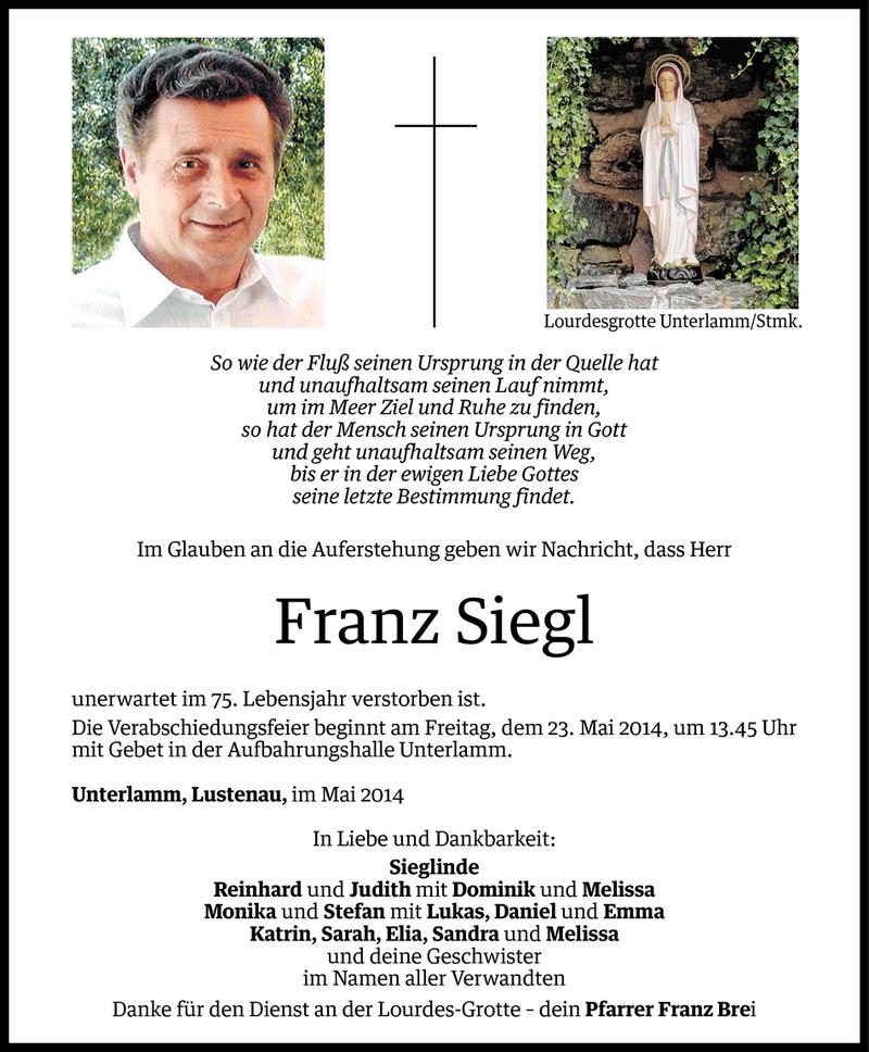  Todesanzeige für Franz Siegl vom 21.05.2014 aus Vorarlberger Nachrichten