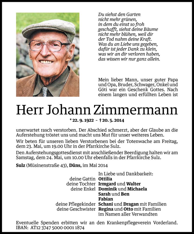  Todesanzeige für Johann Zimmermann vom 22.05.2014 aus Vorarlberger Nachrichten