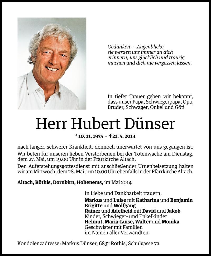  Todesanzeige für Hubert Dünser vom 23.05.2014 aus Vorarlberger Nachrichten