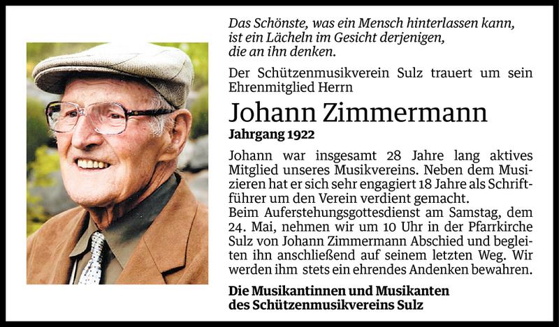  Todesanzeige für Johann Zimmermann vom 22.05.2014 aus Vorarlberger Nachrichten