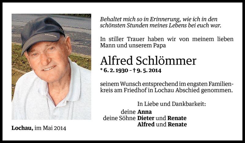  Todesanzeige für Alfred Schlömmer vom 23.05.2014 aus Vorarlberger Nachrichten