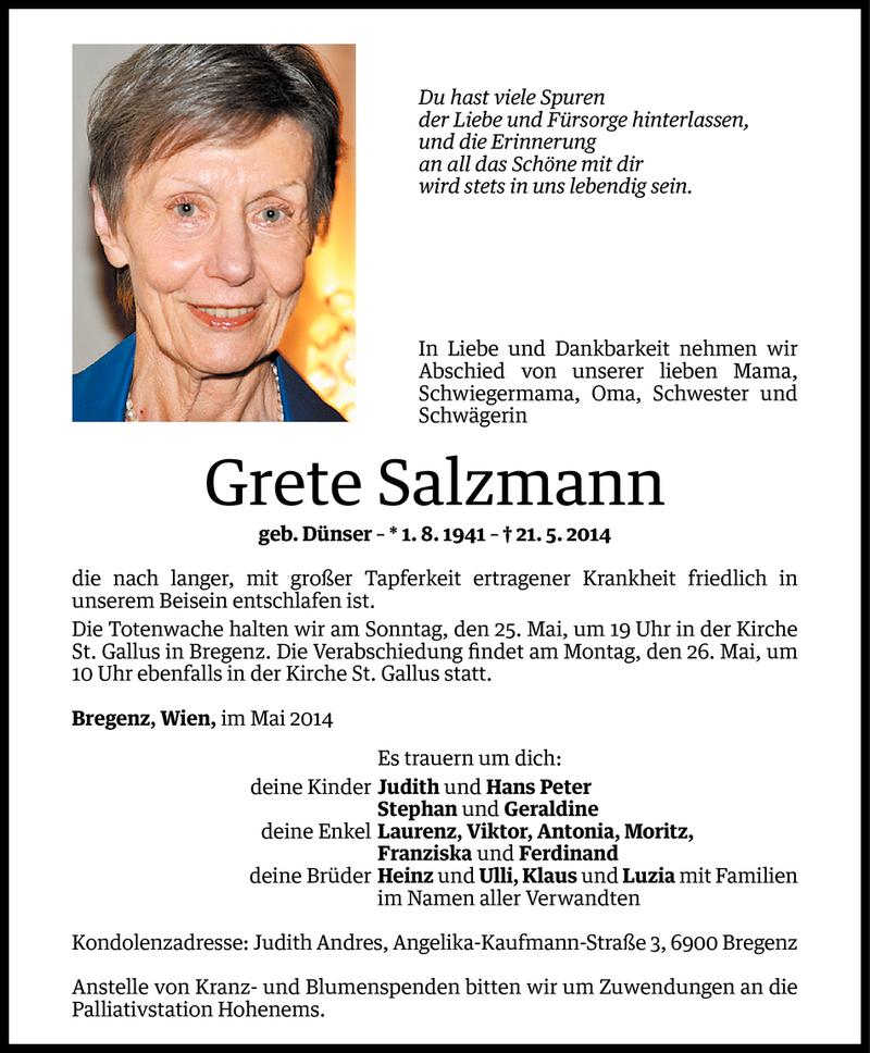  Todesanzeige für Grete Salzmann vom 22.05.2014 aus Vorarlberger Nachrichten