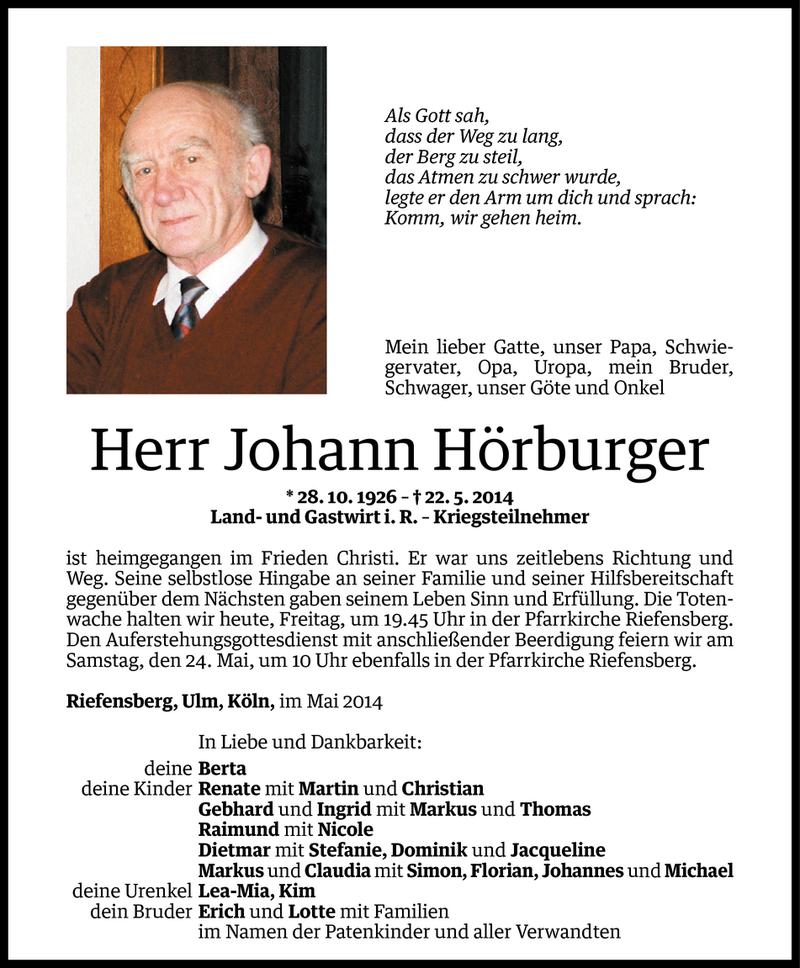  Todesanzeige für Johann Hörburger vom 22.05.2014 aus Vorarlberger Nachrichten