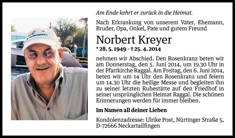  Todesanzeige für Norbert Kreyer vom 02.06.2014 aus Vorarlberger Nachrichten