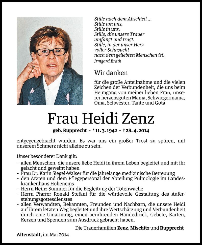  Todesanzeige für Heidi Zenz vom 24.05.2014 aus Vorarlberger Nachrichten