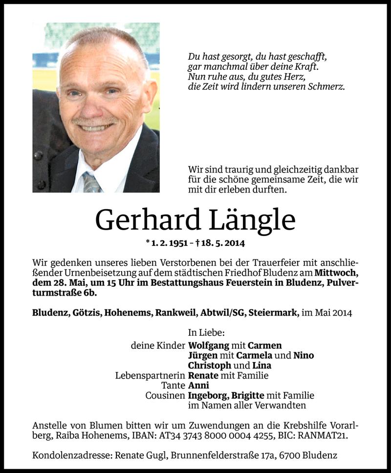  Todesanzeige für Gerhard Längle vom 24.05.2014 aus Vorarlberger Nachrichten