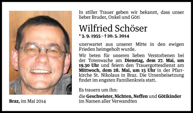  Todesanzeige für Wilfried Schöser vom 26.05.2014 aus Vorarlberger Nachrichten