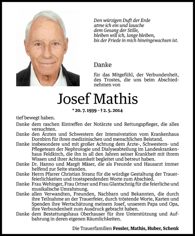  Todesanzeige für Josef Mathis vom 23.05.2014 aus Vorarlberger Nachrichten