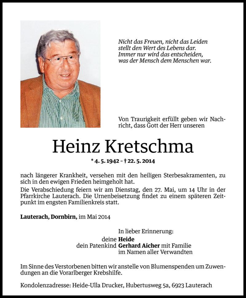  Todesanzeige für Heinz Kretschma vom 25.05.2014 aus Vorarlberger Nachrichten