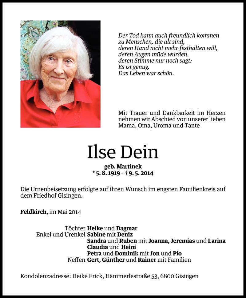  Todesanzeige für Ilse Dein vom 24.05.2014 aus Vorarlberger Nachrichten