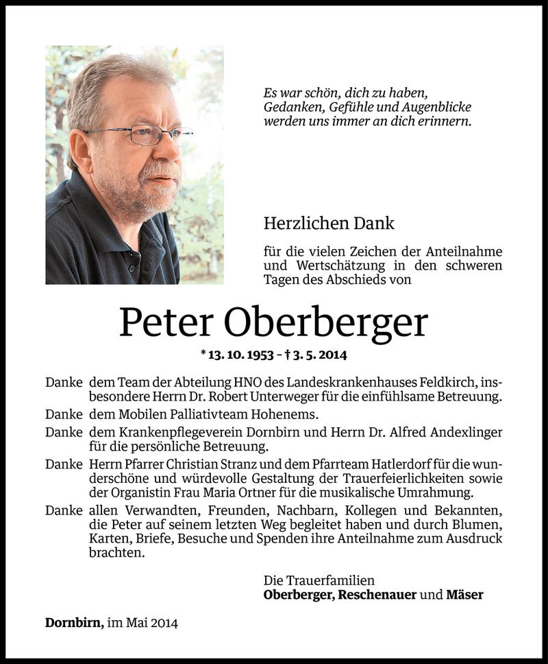  Todesanzeige für Peter Oberberger vom 23.05.2014 aus Vorarlberger Nachrichten